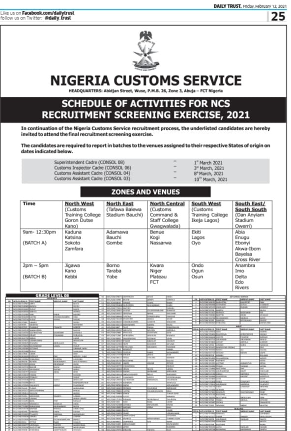 Nigeria Customs Service Shortlisted Candidates Successful